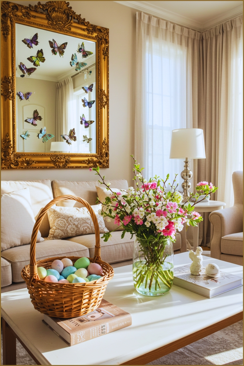 Elegant Easter Living Room With Large Ornate Gold Framed Mirror