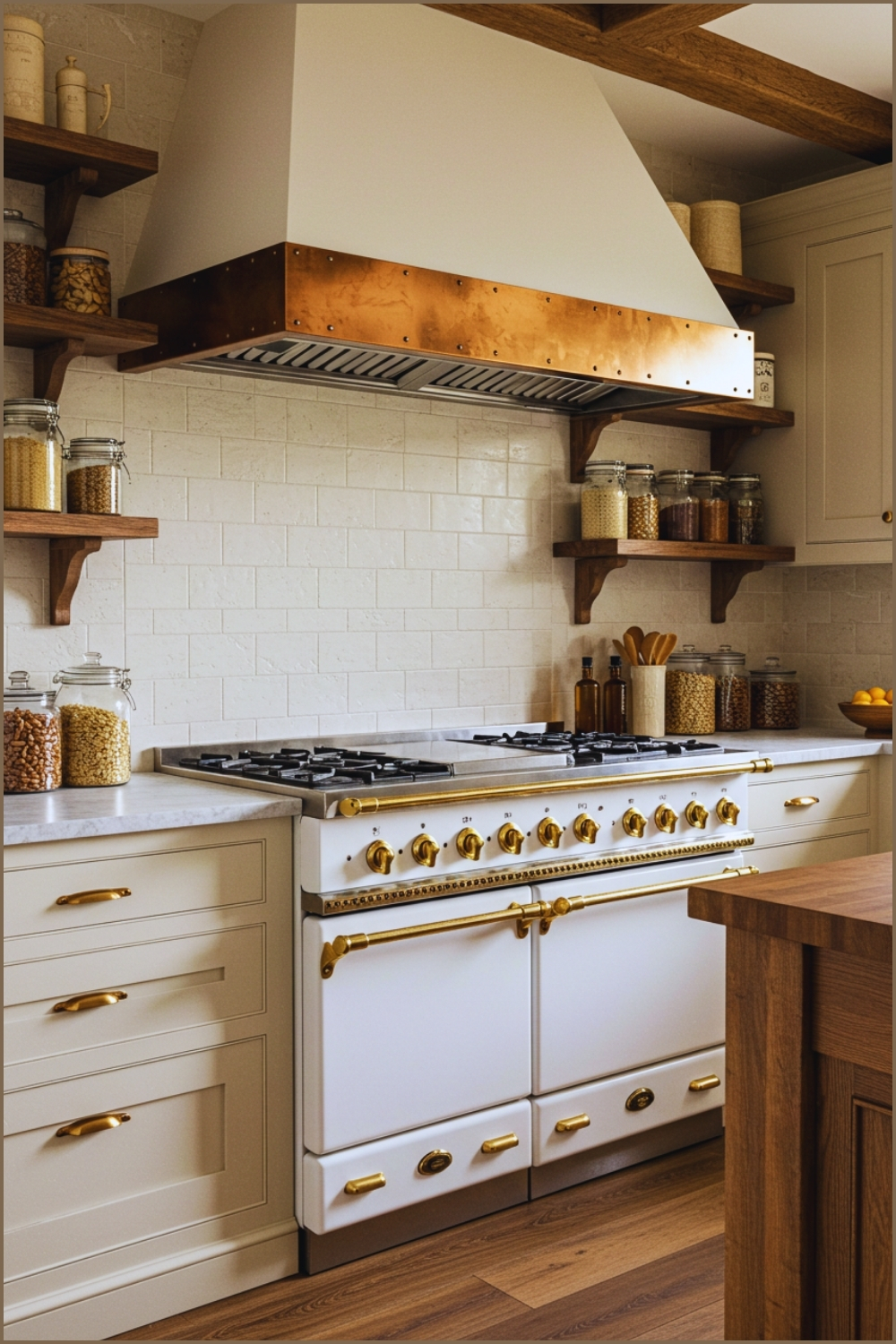 Elegant Farmhouse Kitchen, Large White Vintage Oven With Golden Knobs