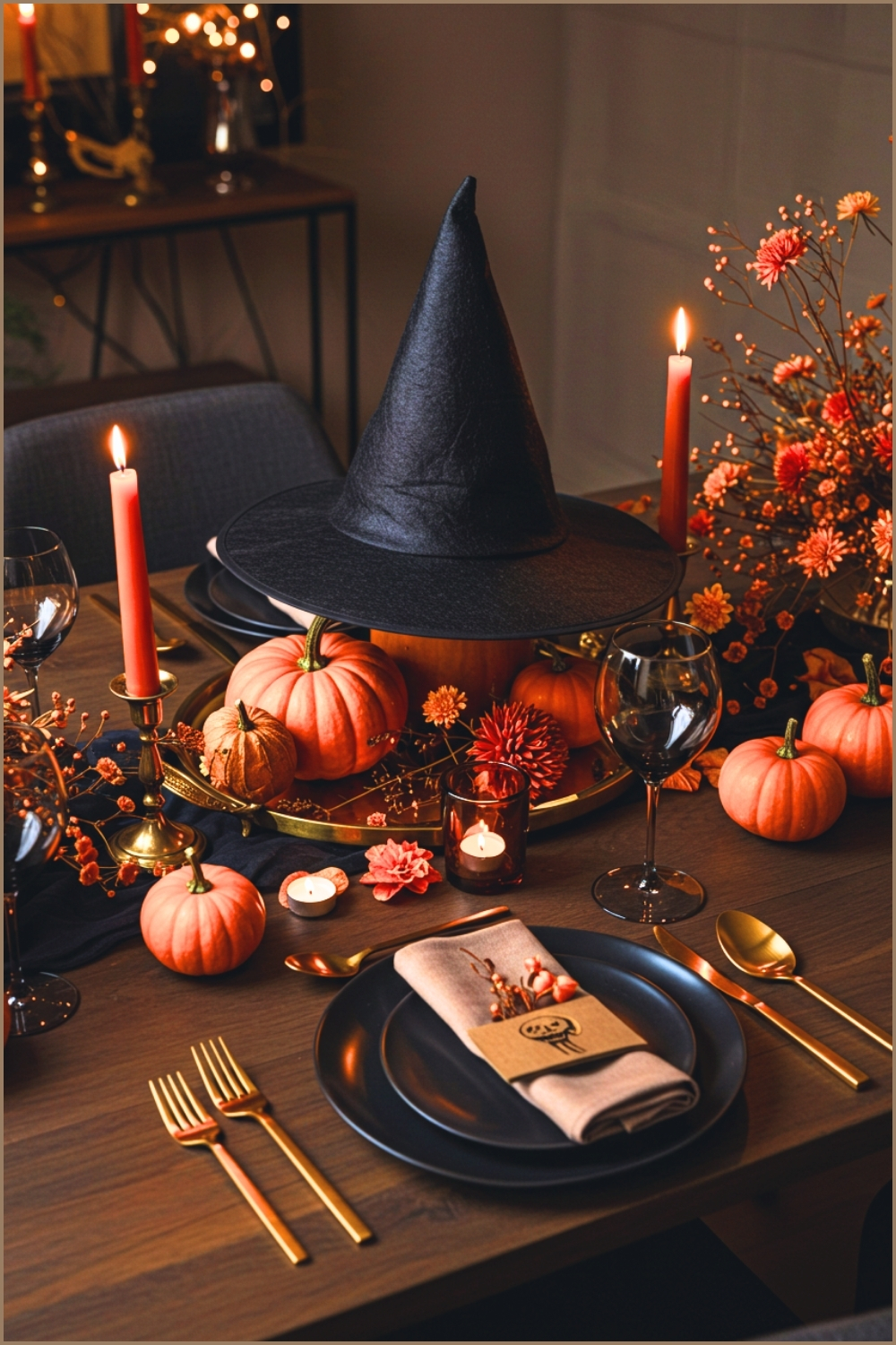 Elegant Halloween Dining Table Decor With A Dramatic Black Witch Hat