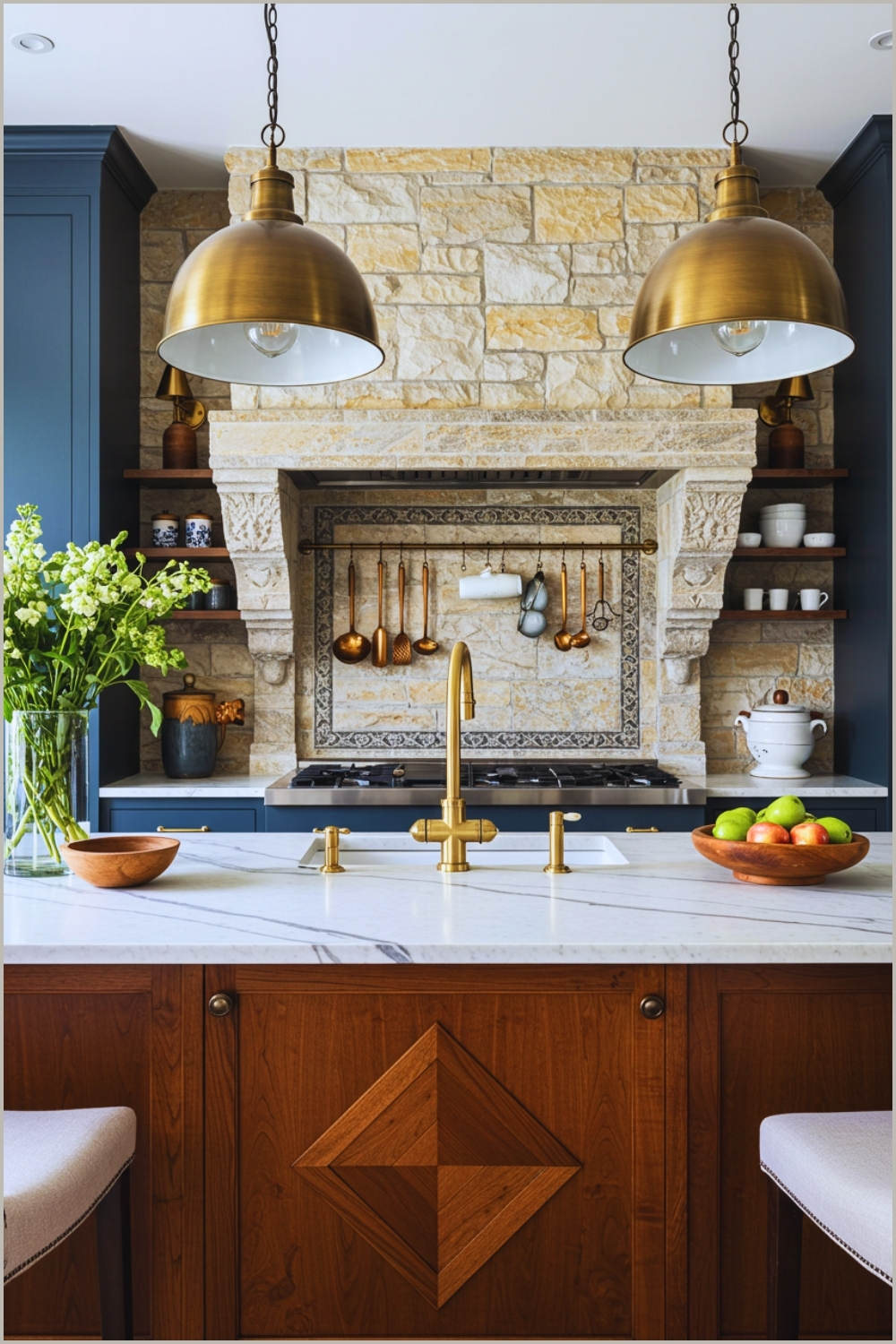 Elegant Kitchen Interior With Dark Navy Cabinets Intricate Wood Island