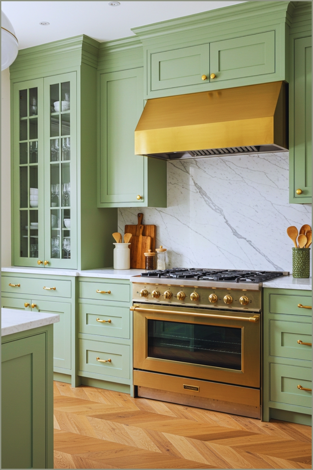 Elegant Kitchen Interior With Soft Sage Green Cabinets Brass And Gold Hardware
