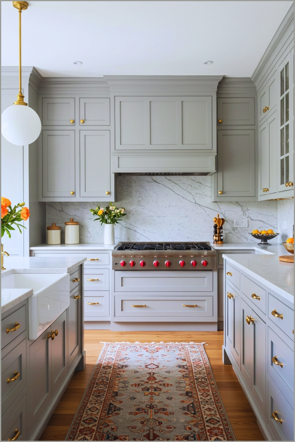 Elegant Modern Kitchen Interior Soft Gray Cabinetry With Gold Handles