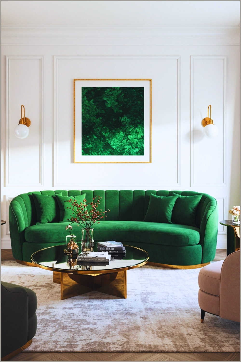 Elegant Modern Living Room, Deep Emerald Green Curved Velvet Sofa