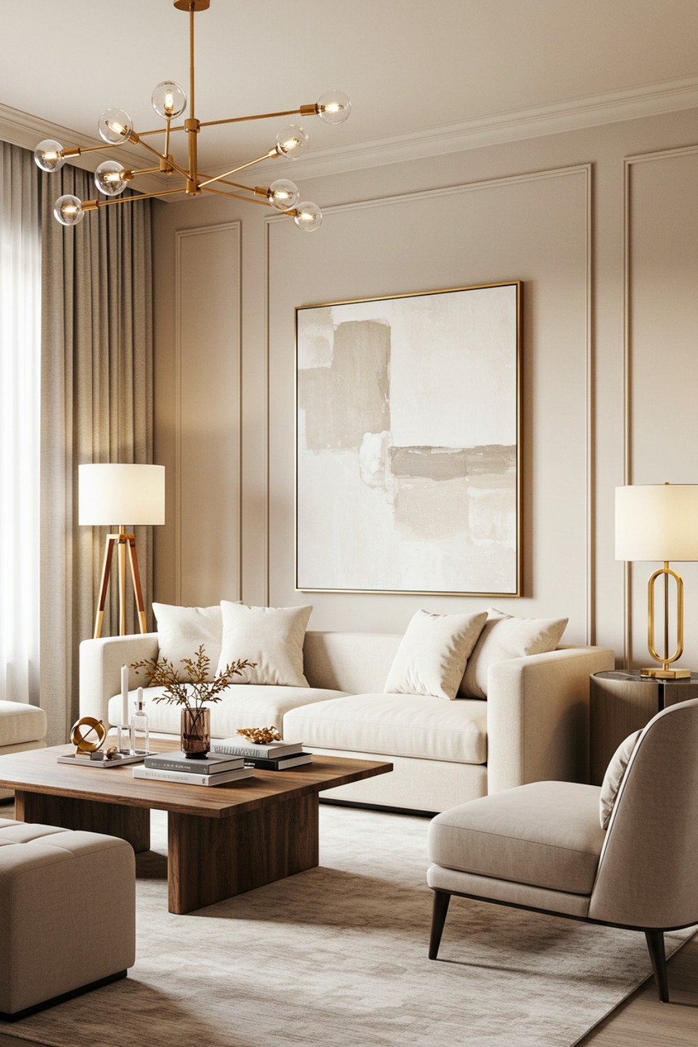Elegant Modern Living Room With Beige Walls And Cream Sofa 