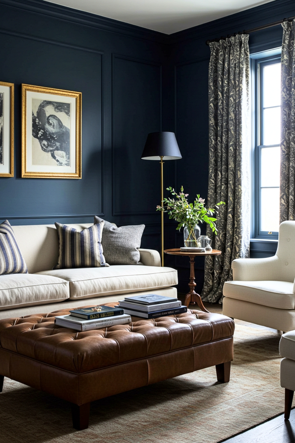 Elegant Moody Living Room With Navy Walls And Cream Sofa 
