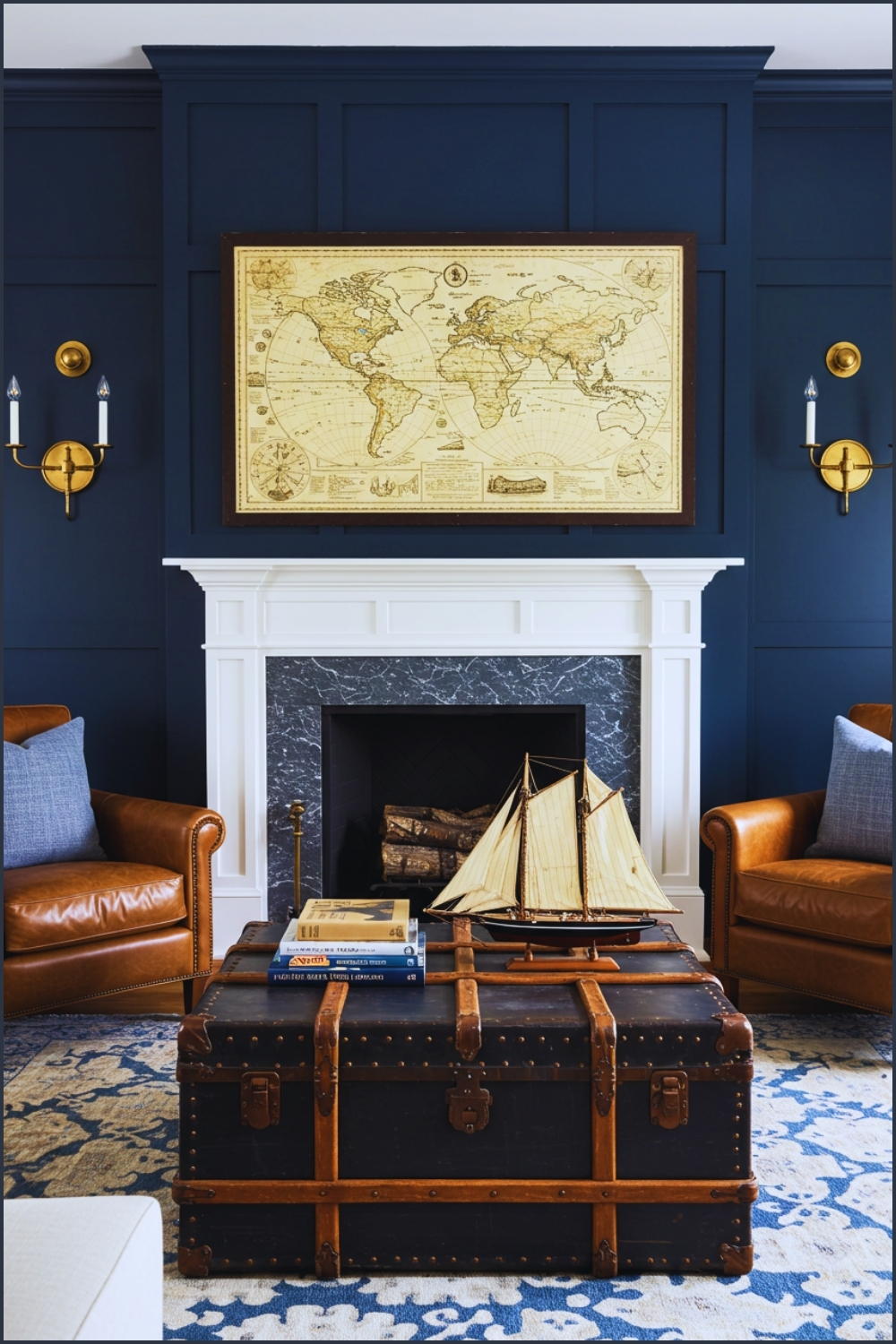 Elegant Nautical Living Room With Navy Blue Paneled Accent Wall