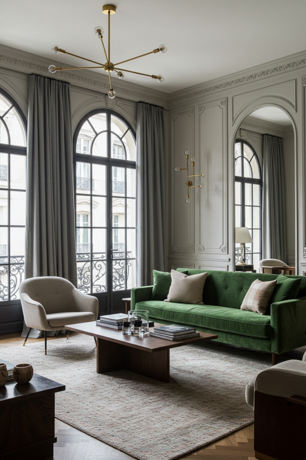 Parisian Living Room With Ornate Walls And High Ceilings 