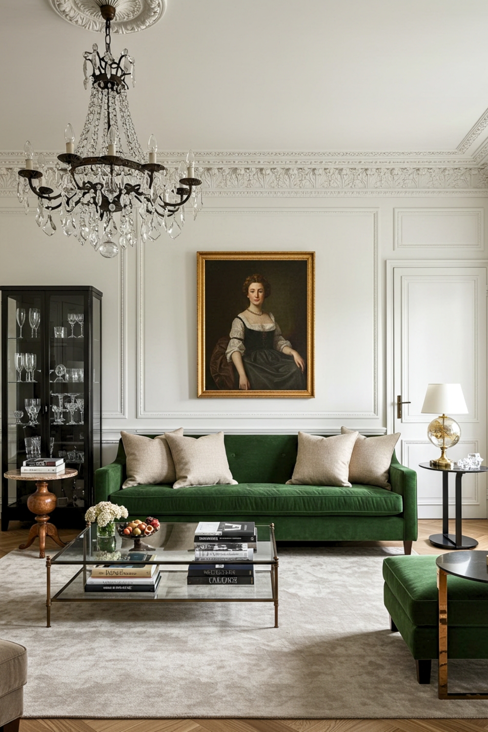 Parisian Living Room With White Walls And Crown Molding 