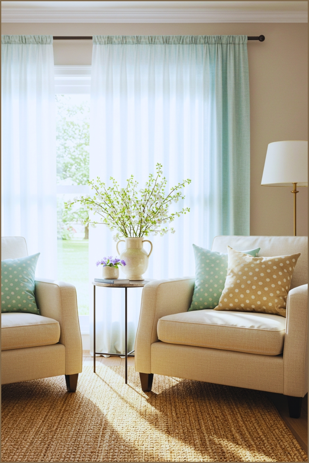Elegant spring living room with soft pastel decor, cream armchair