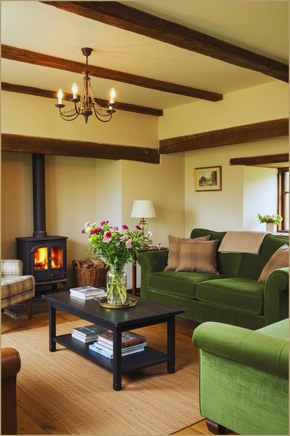 English Cottage Living Room With Green Velvet Sofa, Plaid Armchair