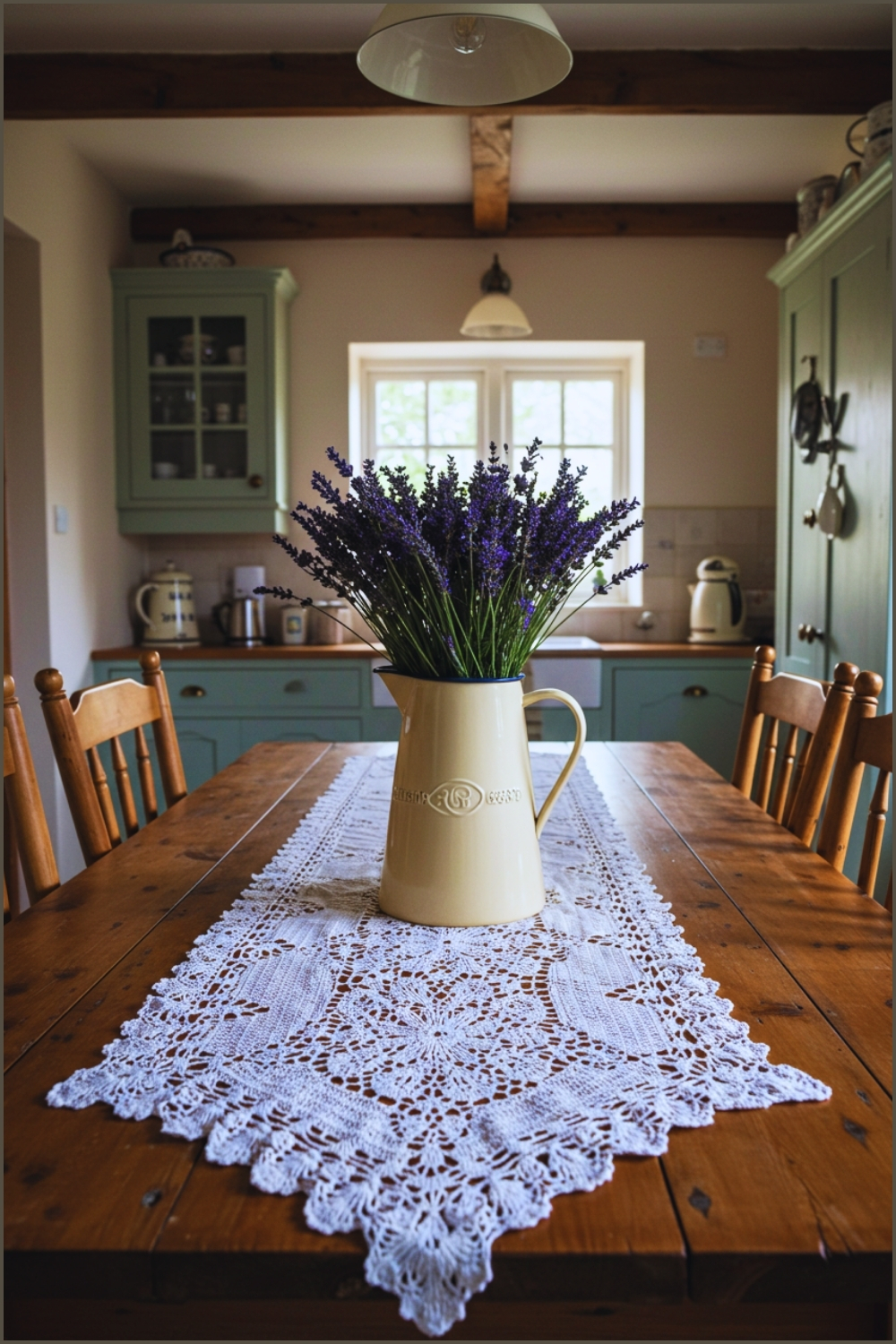 Farmhouse Dining Table With Lace Crochet Runner, Ceramic Jug Filled With Lavender Flowers