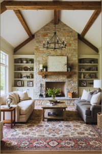 Farmhouse Living Room With Stone Fireplace, Rustic Wooden Mantel