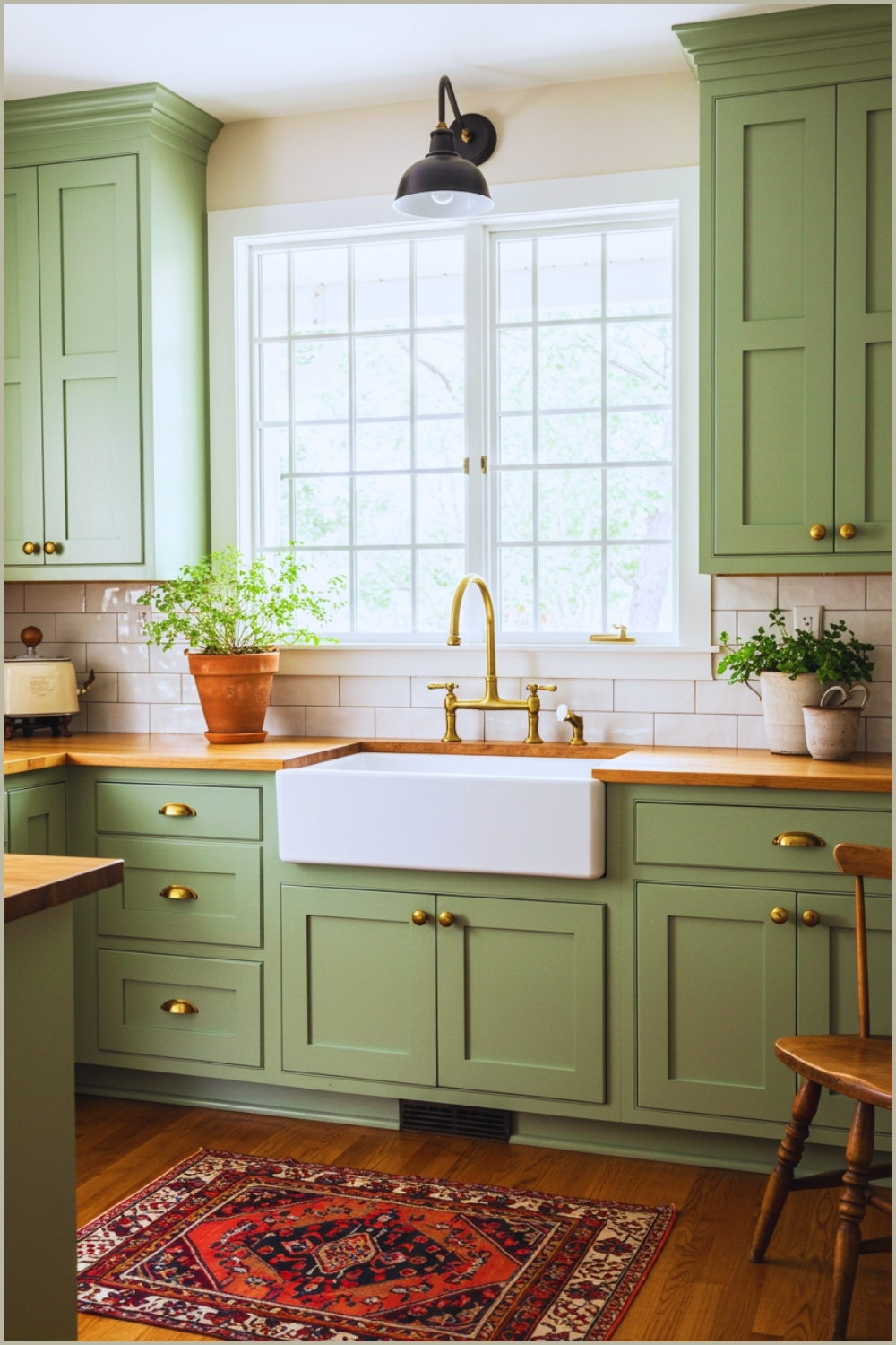 Farmhouse Style Kitchen With Soft Green Cabinets Wooden Countertops