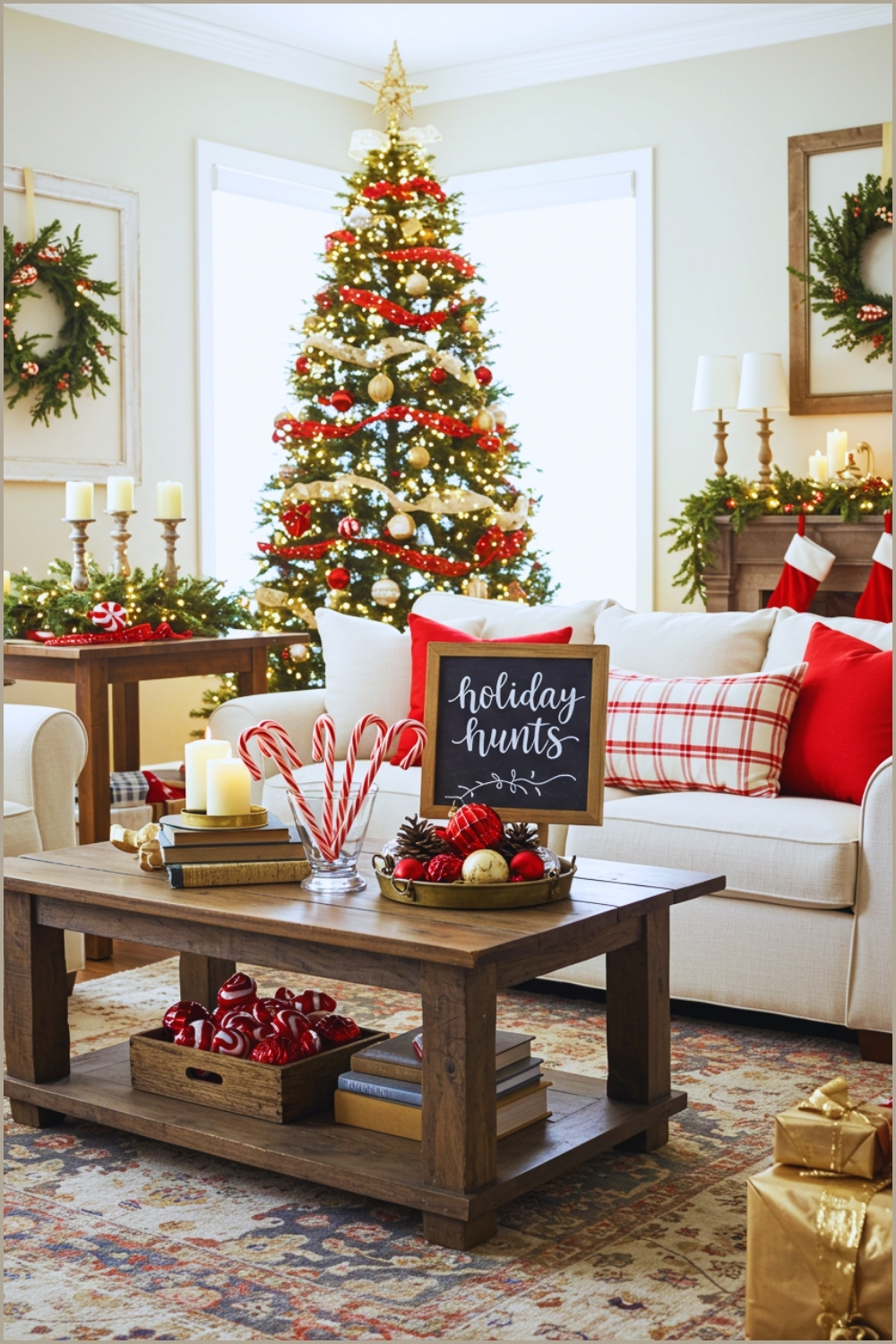 Festive Christmas Living Room With Glowing Decorated Tree Cozy White Sofa