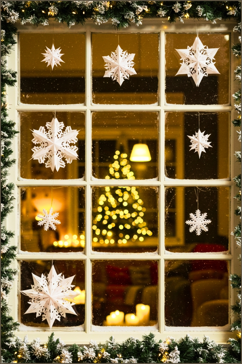 Festive Holiday Window Decorated With White Paper Snowflakes