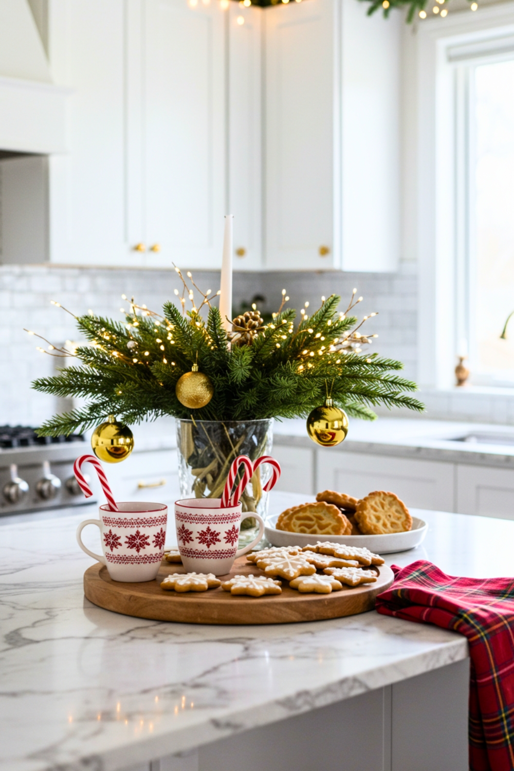 Christmas Kitchen Centerpiece Bright White Modern Kitchen With Marble Island