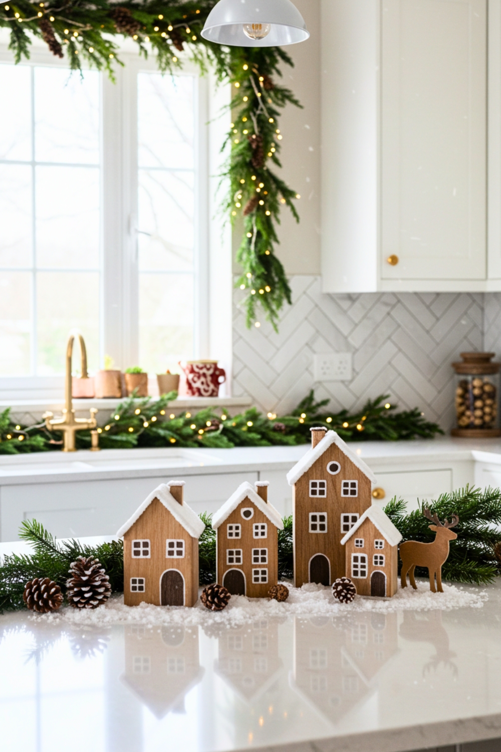 Festive Kitchen Centerpiece Bright White Modern Kitchen With A Glossy Island