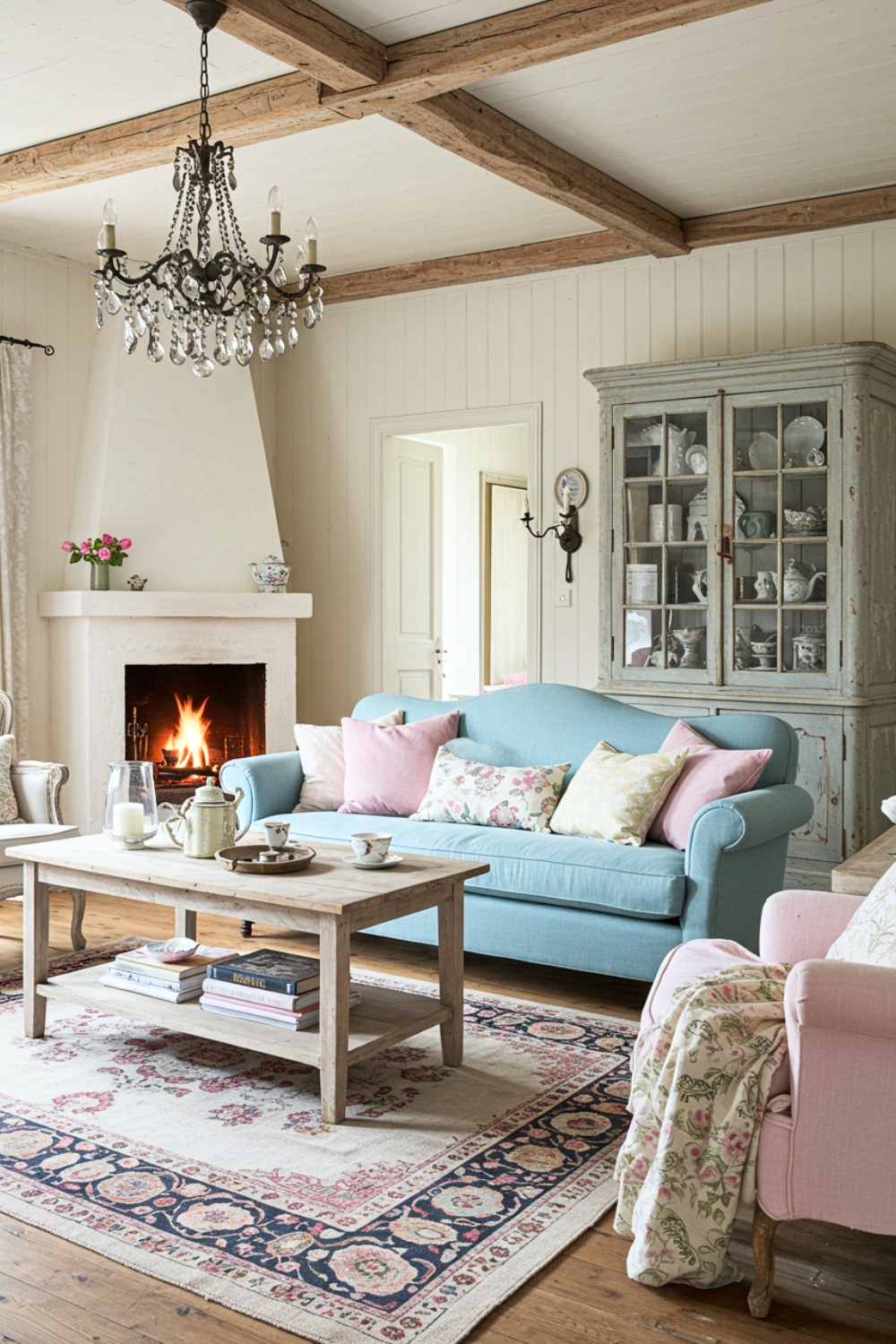 French Country Living Room With Rustic Blue Sofa 