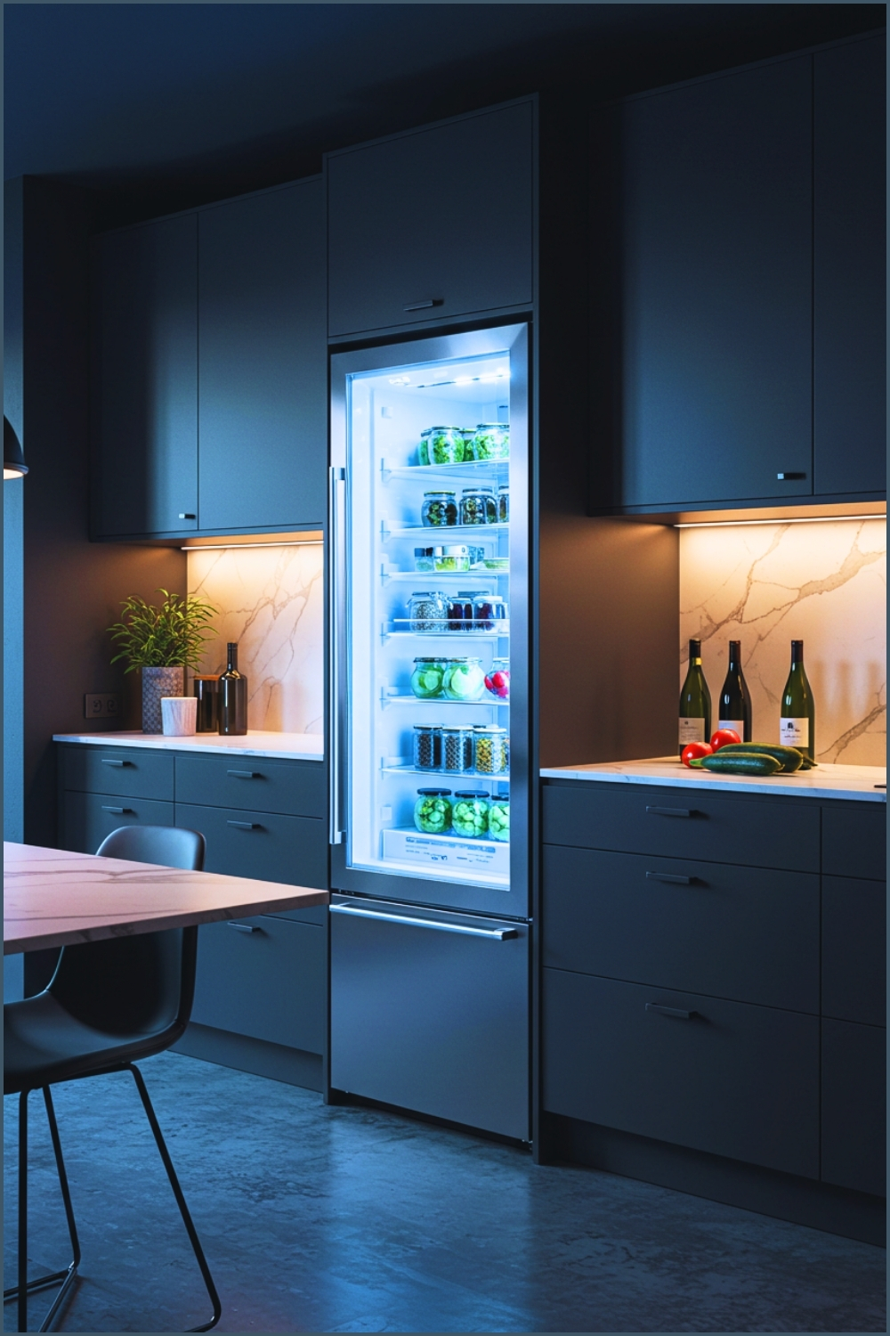 Futuristic Modern Kitchen With Smart Stainless Steel Refrigerator Illuminated