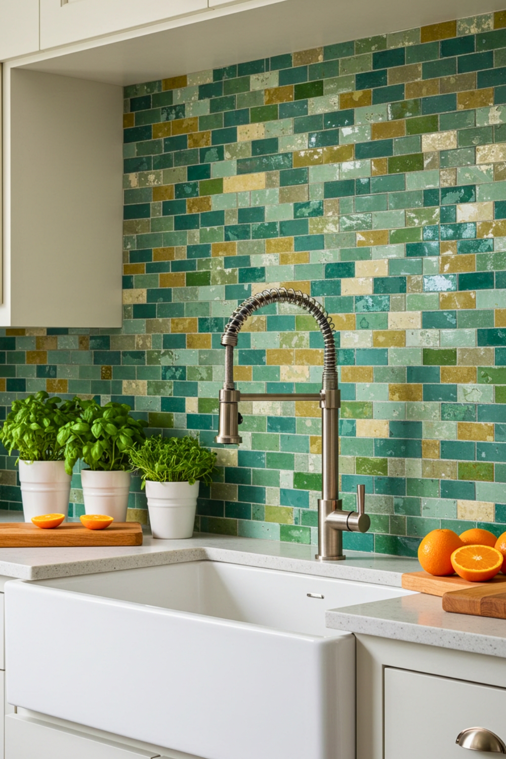 Geometric Mosaic Backsplash Wall With Irregular Rectangles In Green Teal
