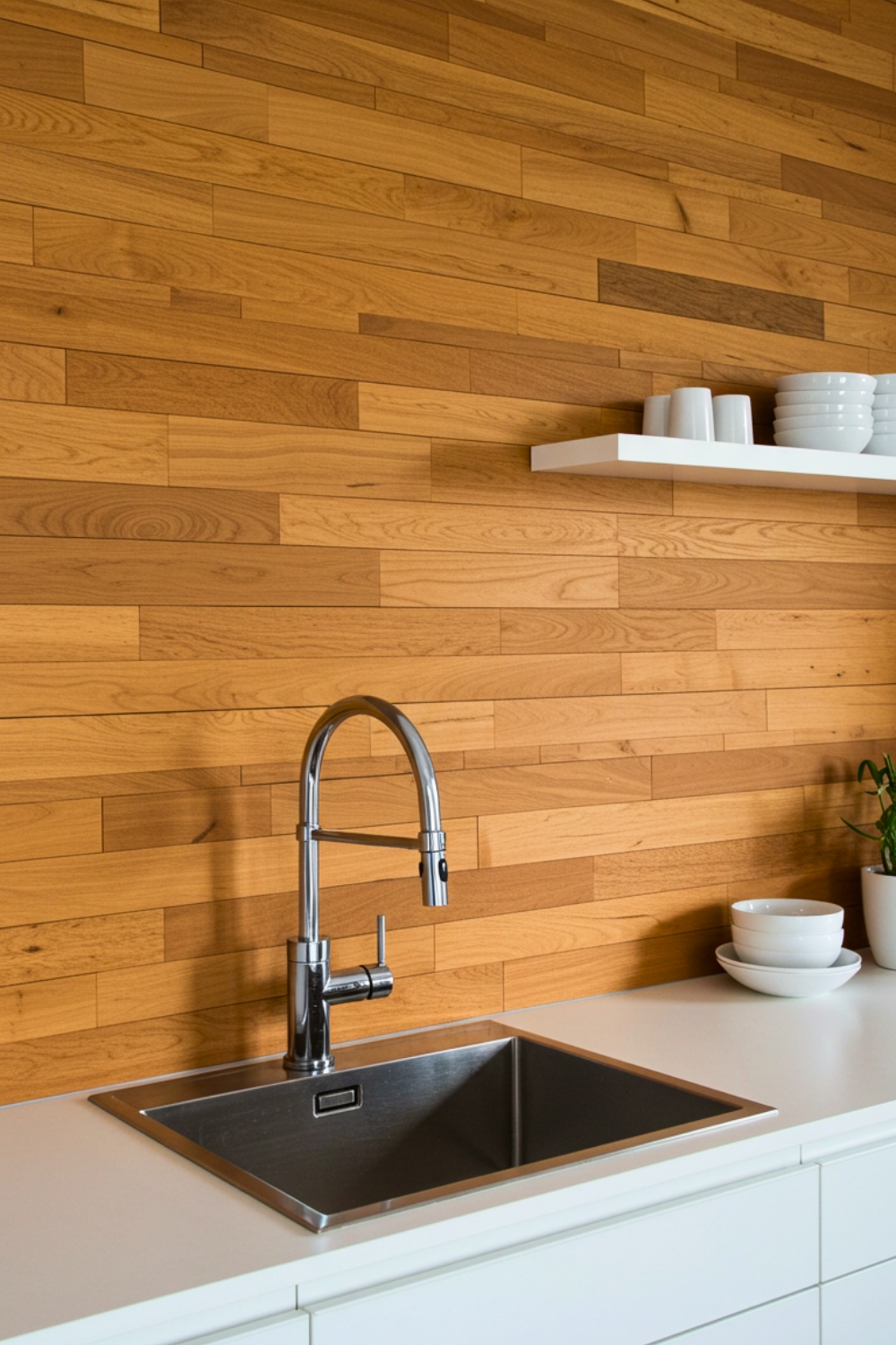 Geometric Wood Tile Backsplash Wall With Large Rectangular Panels In Warm