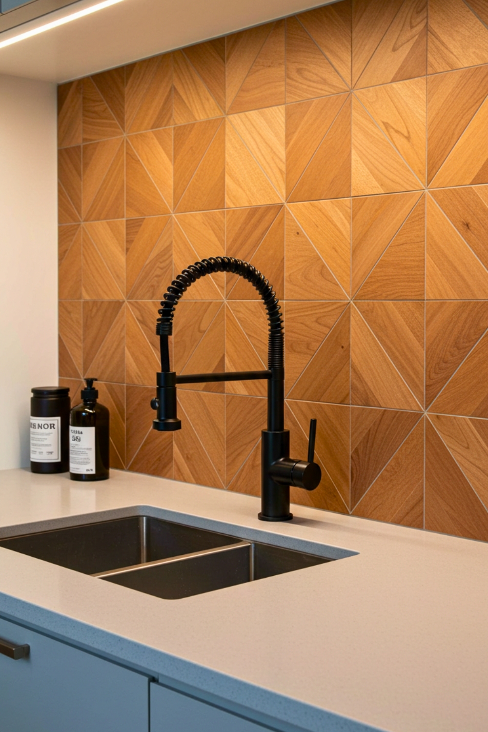 Geometric Wooden Tile Backsplash Wall With Triangular Patterns In Warm Walnut Tones