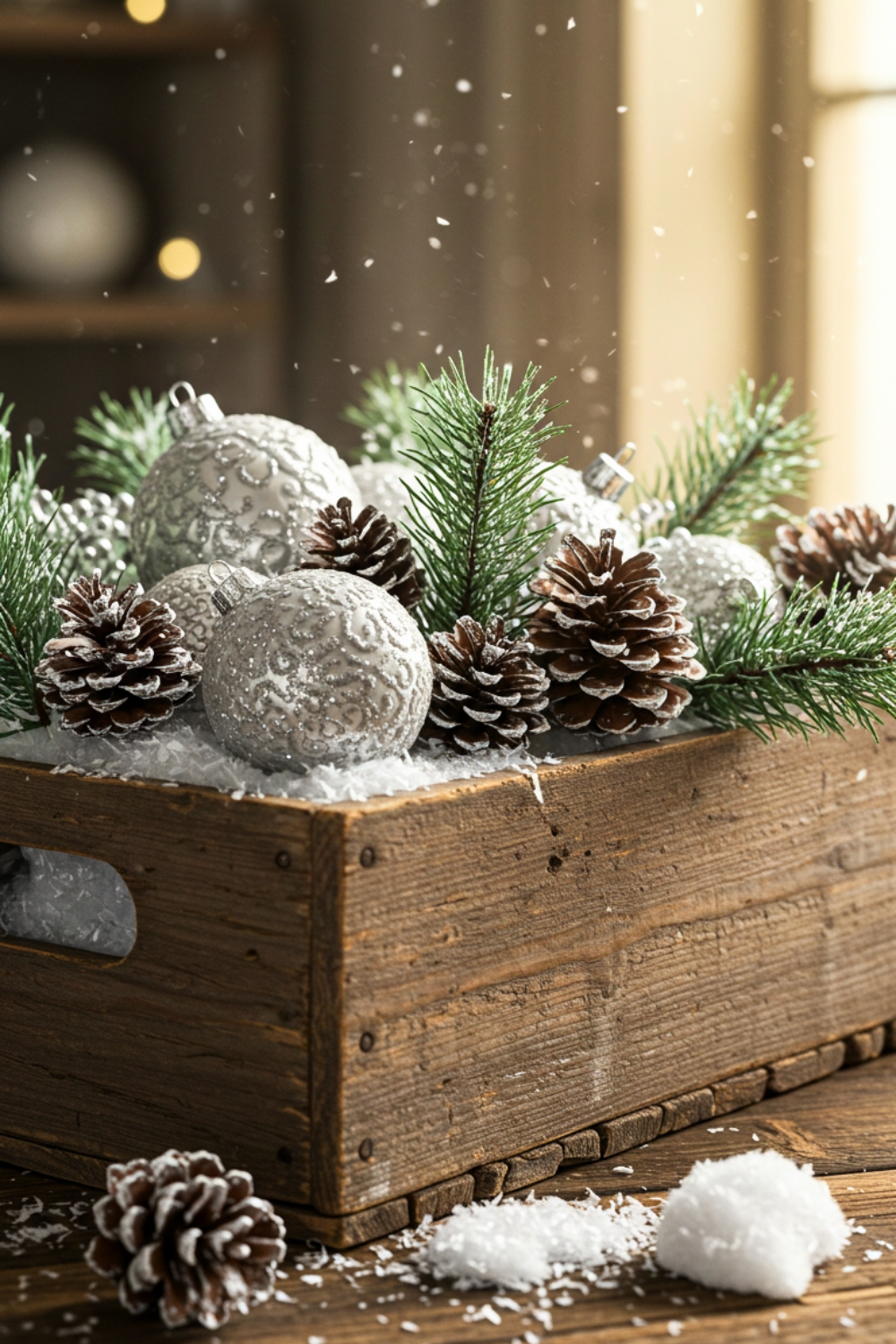 Holiday Still Life A Weathered Wooden Crate Filled With Frosted Pinecones