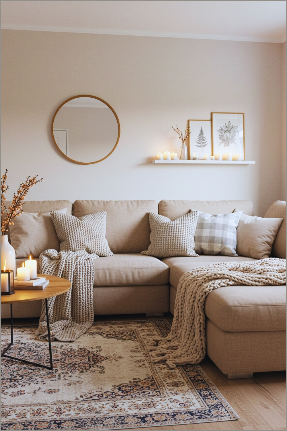 Hygge-inspired Living Room With A Large Beige Sectional Sofa