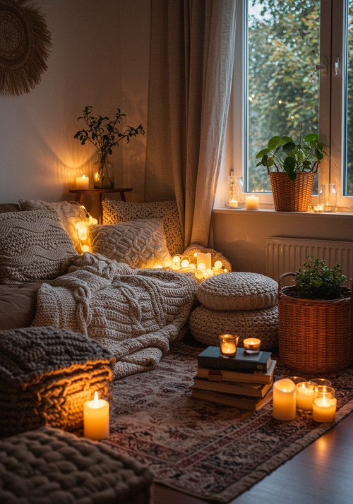 Cozy Bohemian Living Room, Warm Ambient Lighting, Large Window