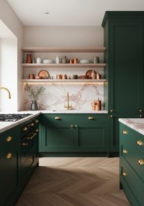 Stunning Kitchen With Deep Green Cabinetry, Accented By Brass Hardware