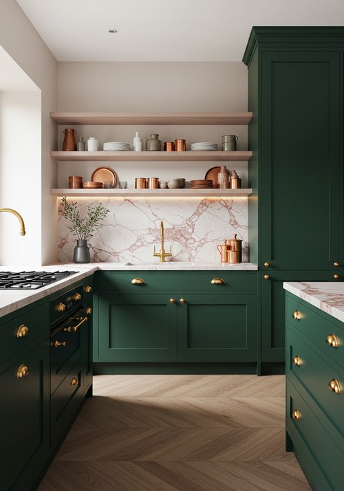 Stunning Kitchen With Deep Green Cabinetry, Accented By Brass Hardware