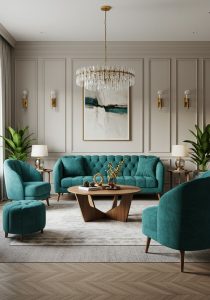 Modern Elegant Living Room, Tufted Teal Velvet Sofa And Chairs With Wooden Legs