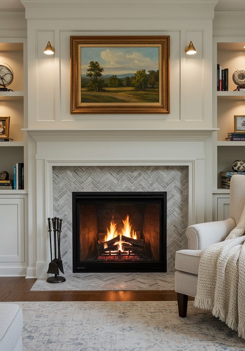 This Cozy Living Room Features A Traditional Fireplace Framed By Elegant White Cabinetry