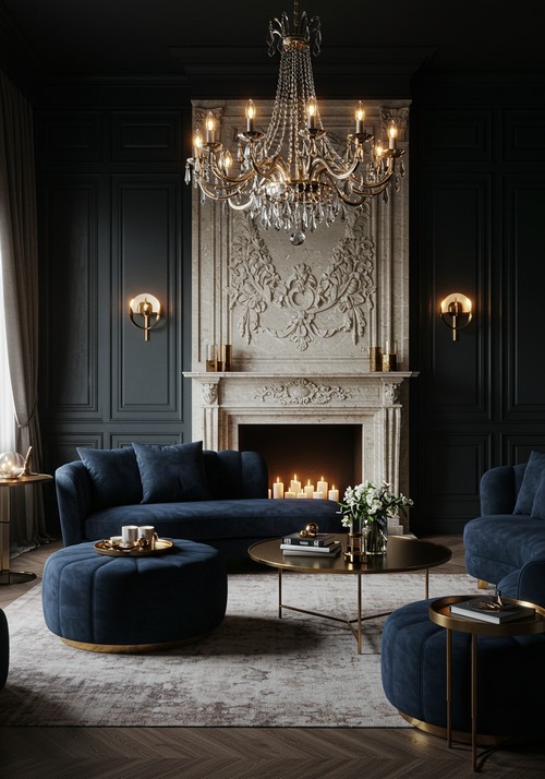 Luxurious Neoclassical Living Room, Deep Navy Blue Velvet Sofa And Round Ottoman