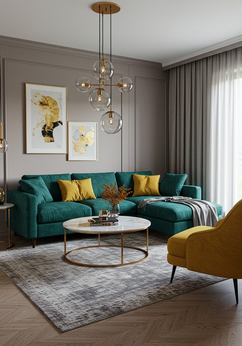 Modern Cozy Living Room With Deep Teal Sectional Sofa, Mustard Yellow Accent Chair