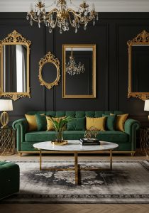 Luxurious And Elegant Living Room With A Rich, Deep Green Velvet Sofa Adorned With Gold Accent Pillows