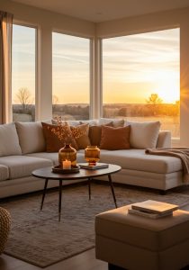 Modern Cozy Living Room With A White Sectional Sofa, Warm Brown And Orange Pillows