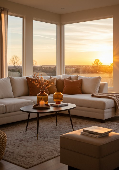 Modern Cozy Living Room With A White Sectional Sofa, Warm Brown And Orange Pillows