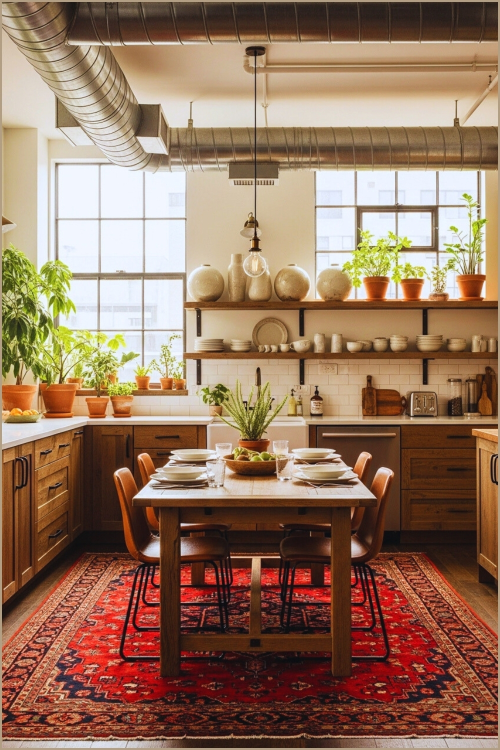 Industrial Cozy Dining Kitchen Open Shelves Rustic Wooden Cabinets Large Windows