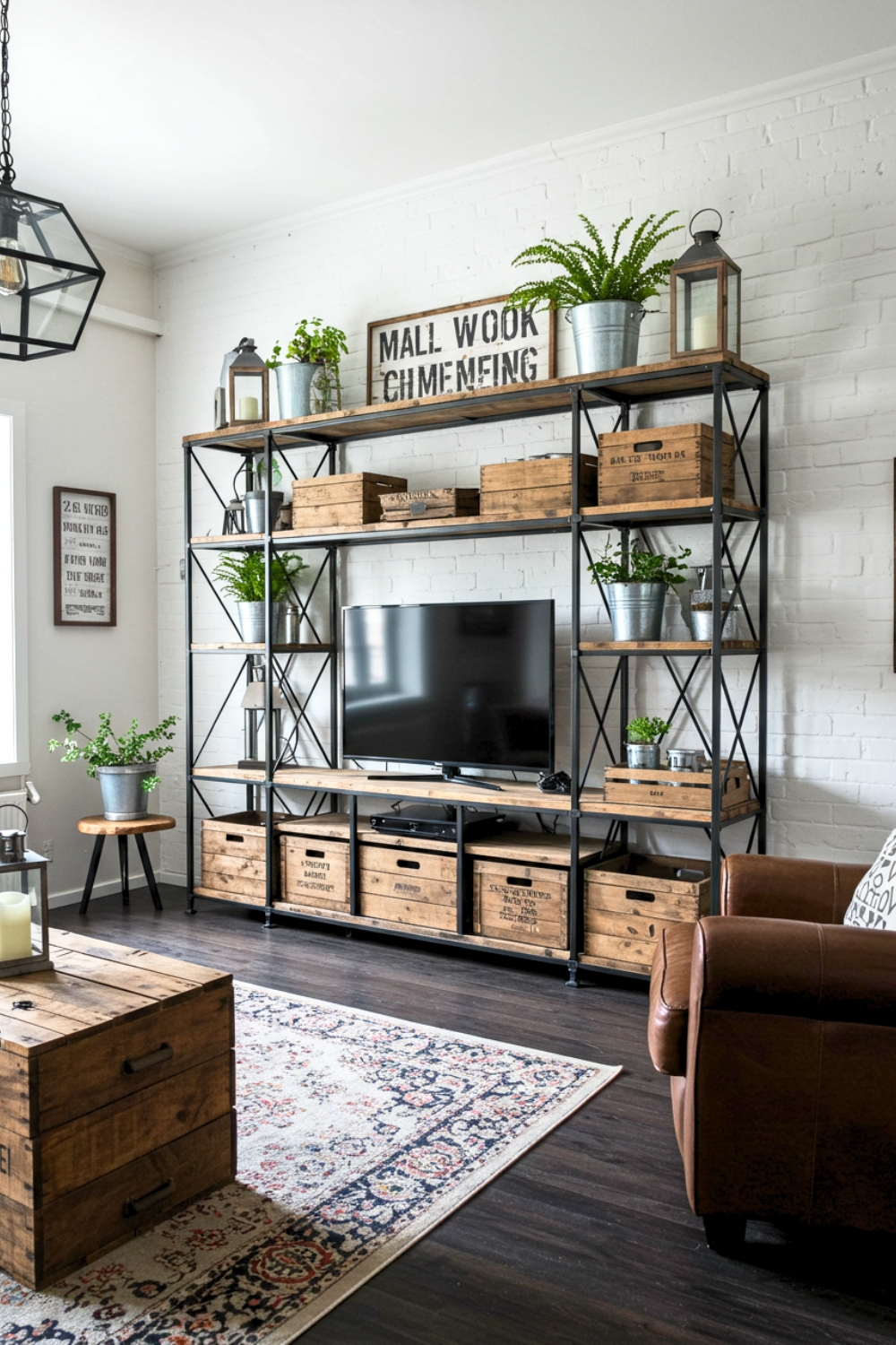 Industrial Farmhouse Living Room With Painted Brick Wall 