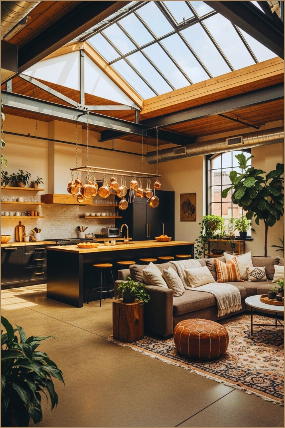 Industrial Loft Kitchen Living Space Open Concept Design High Ceilings Skylight