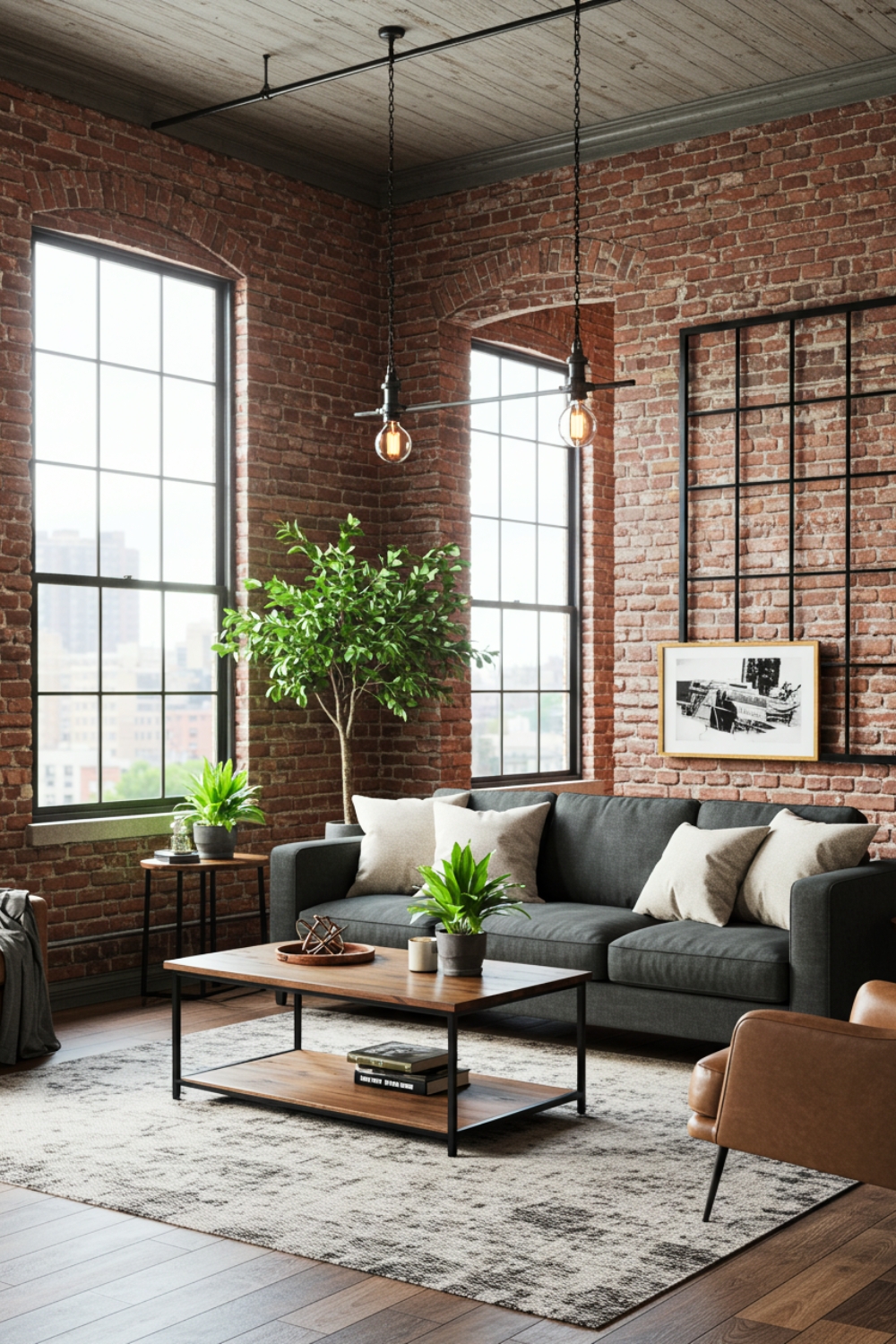 Industrial Loft Living Room With Red Brick Walls And Black Windows 