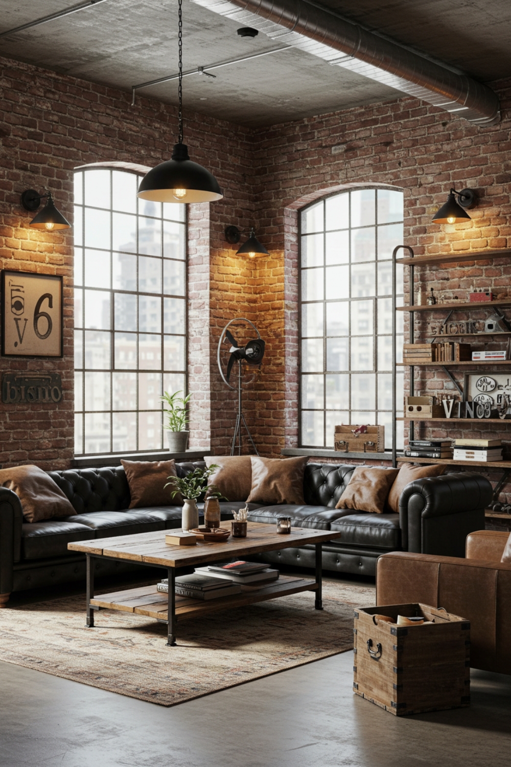 Industrial Loft Living Room With Brick Walls And Large Windows 