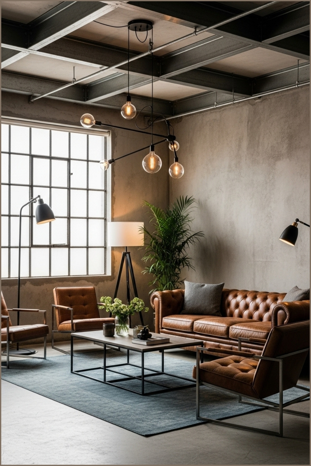 Industrial Loft Living Room With Exposed Concrete Walls