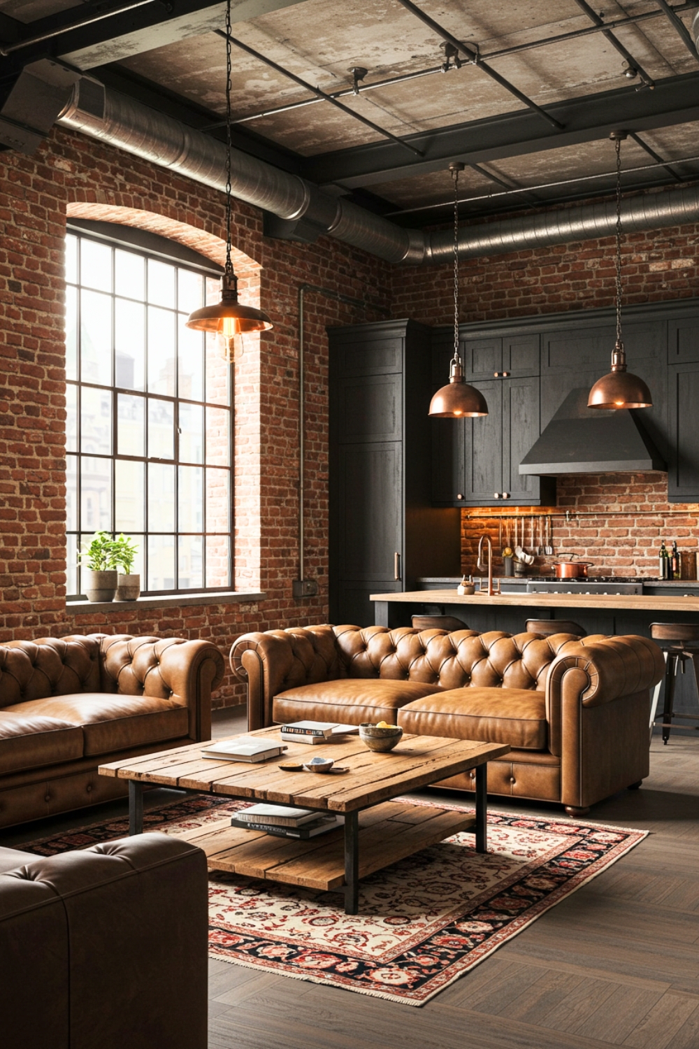 Industrial Loft Living Room With Exposed Brick Walls 