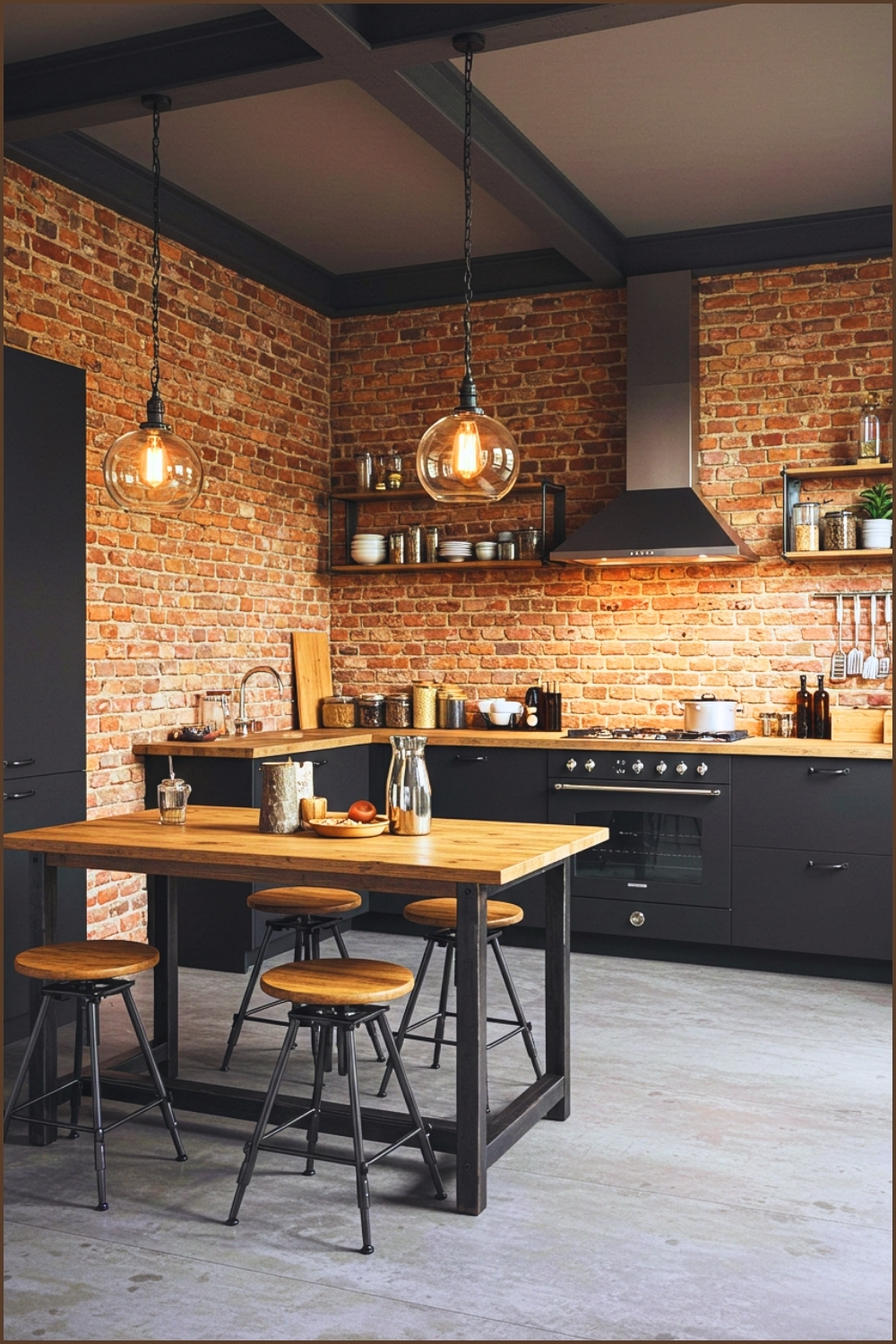 Industrial Loft-style Kitchen With Exposed Brick Walls And Ceiling