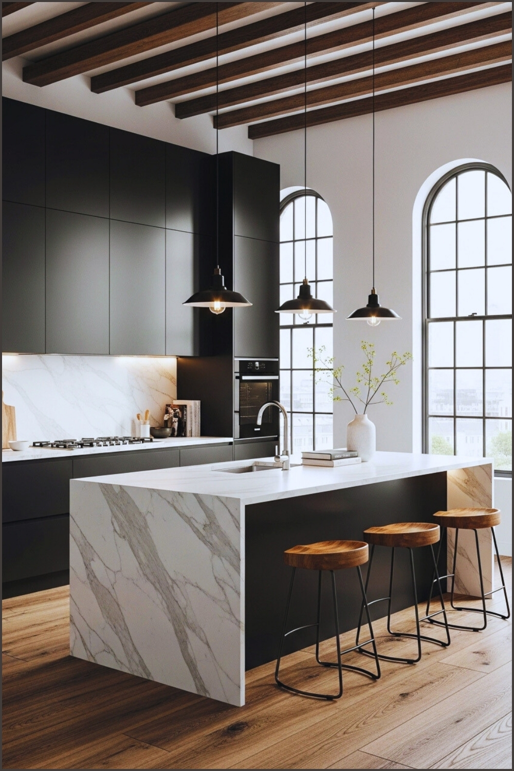 Industrial Modern Kitchen Design Black Cabinets White Marble Island Wooden