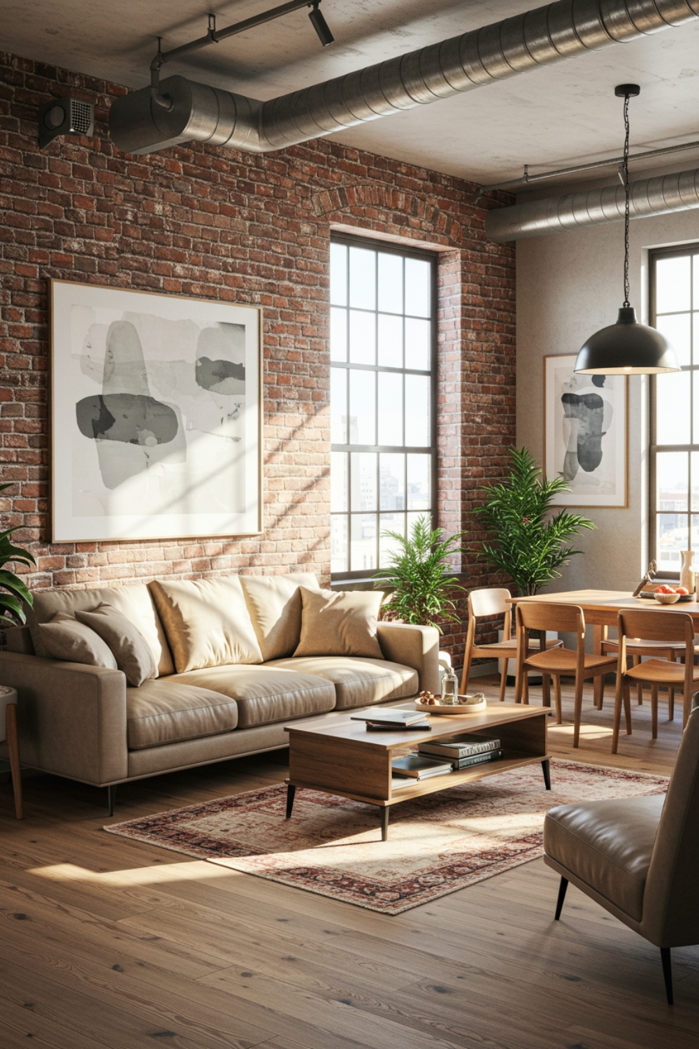 Industrial Modern Living Room With Exposed Brick And Large Windows 