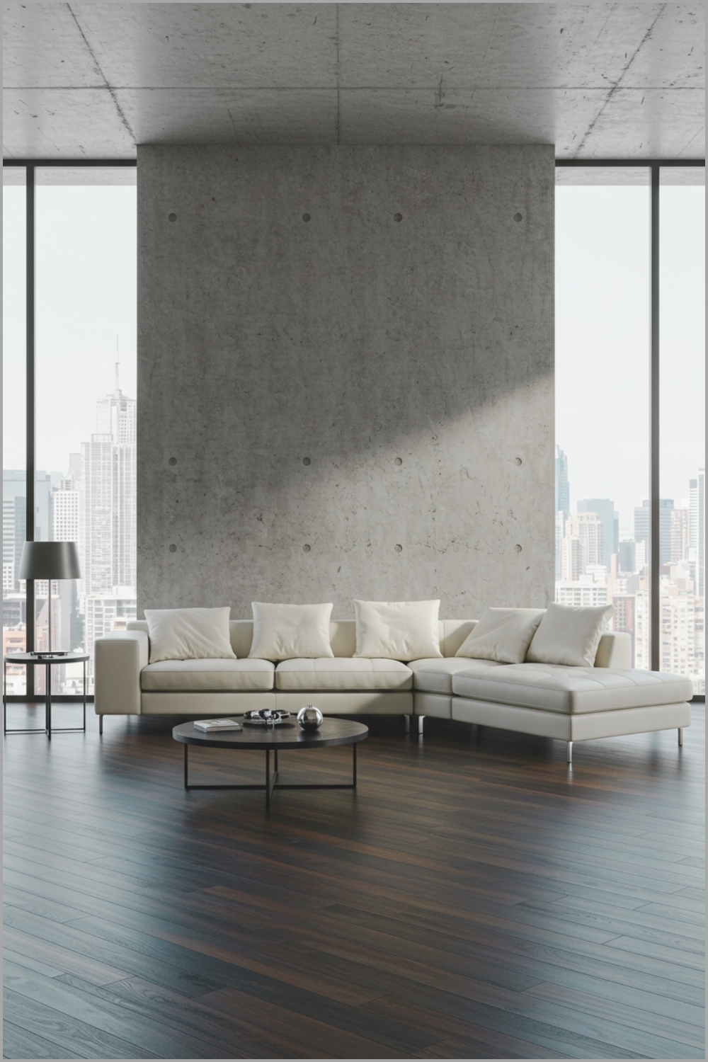 Industrial Modern Living Room With Tall Raw Concrete Accent Wall