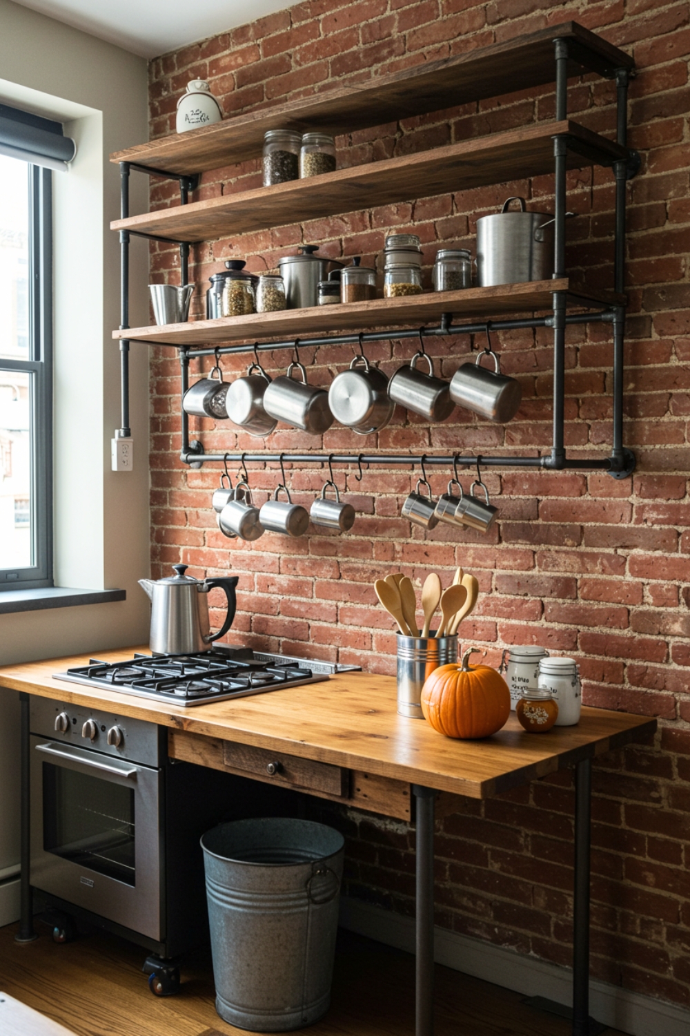 Industrial Rustic Kitchen Nook Exposed Red Brick Wall